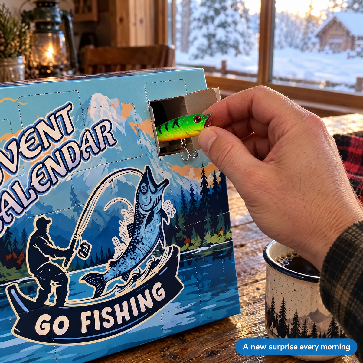 Opening a door of the fishing advent calendar