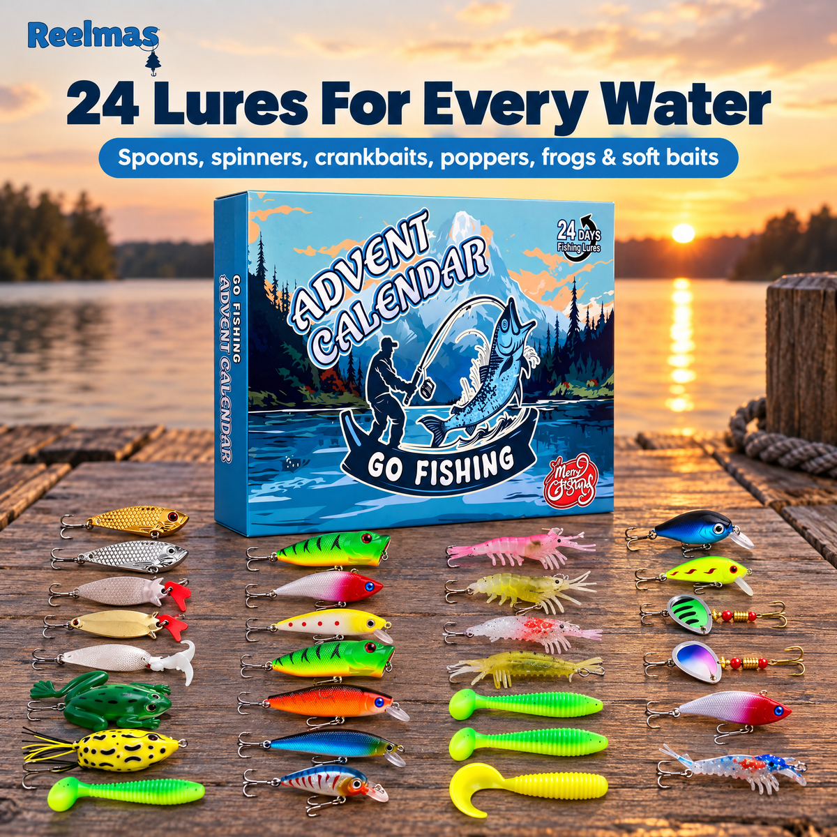 All 24 lures in the fishing advent calendar