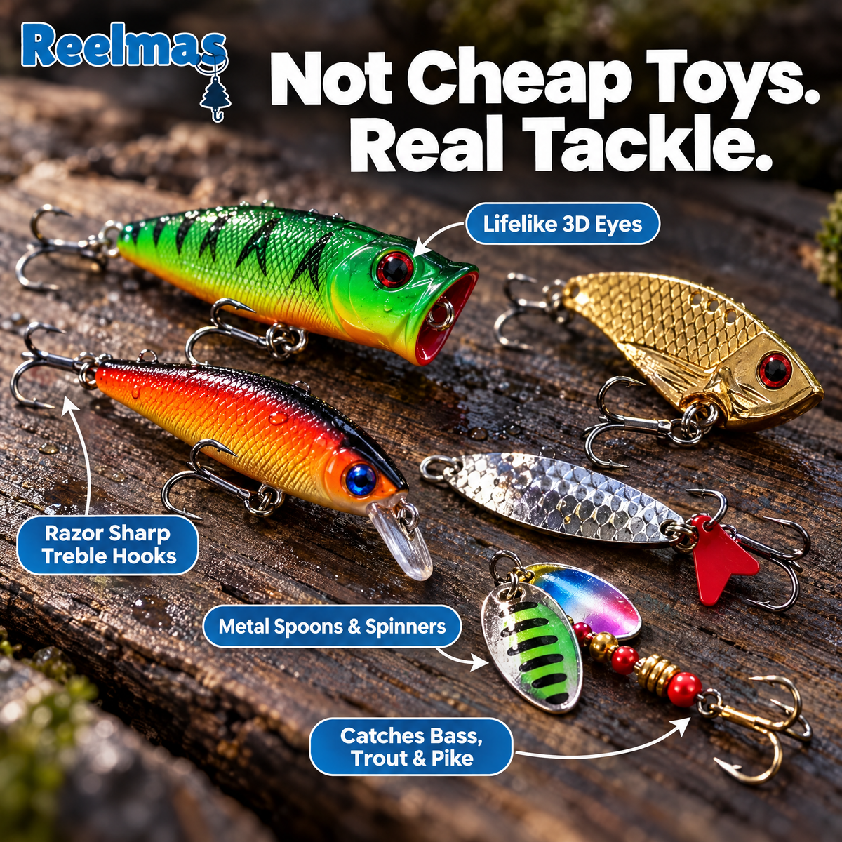 Close up of real fishing lures with treble hooks