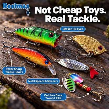 Close up of real fishing lures with treble hooks