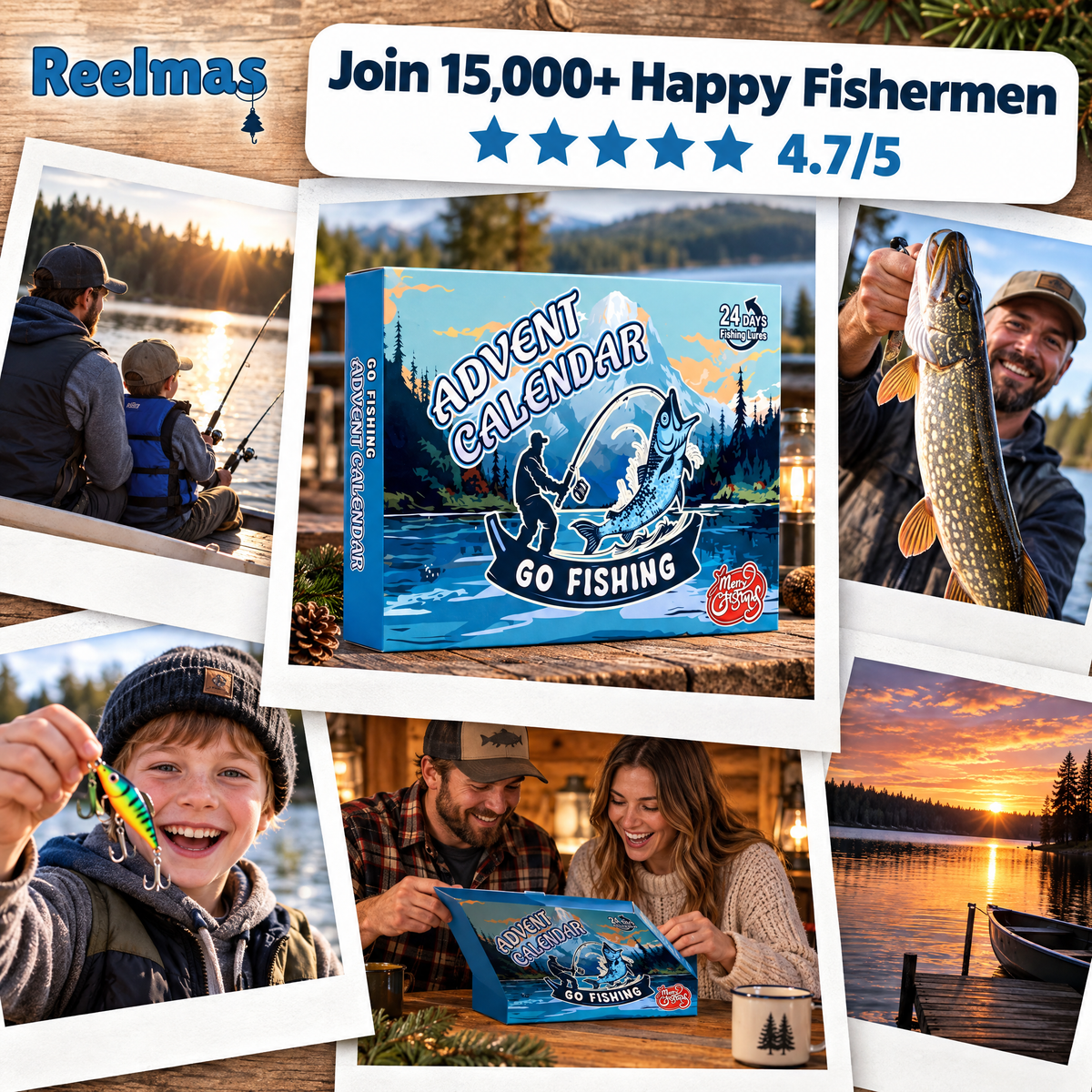 Happy fishermen with the Reelmas calendar