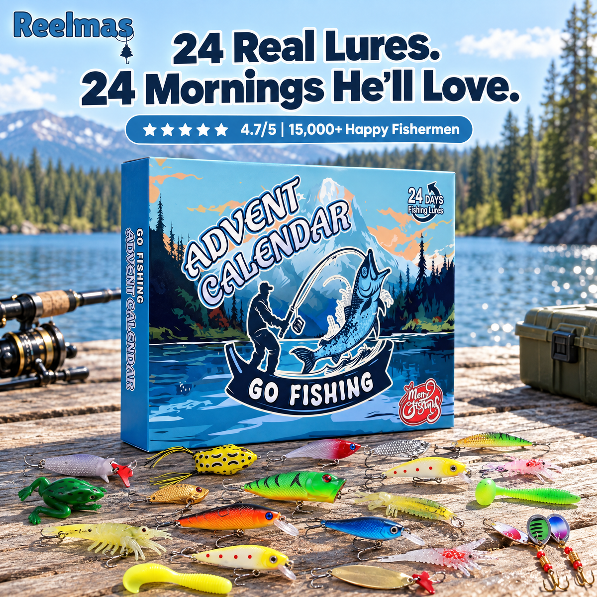 Fishing advent calendar with 24 real lures on a lake dock